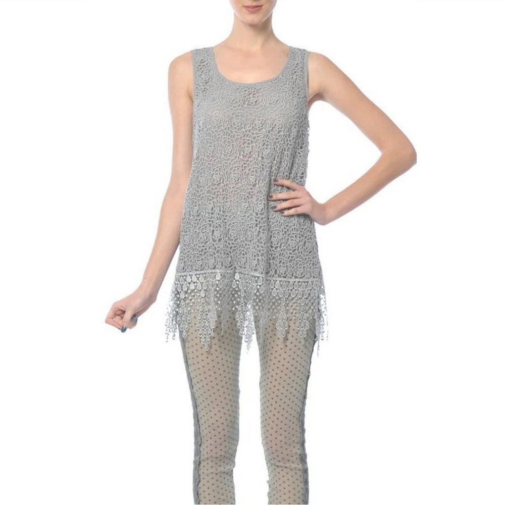 New Ryu Grey Sleeveless Lace Top With Fringe Size L